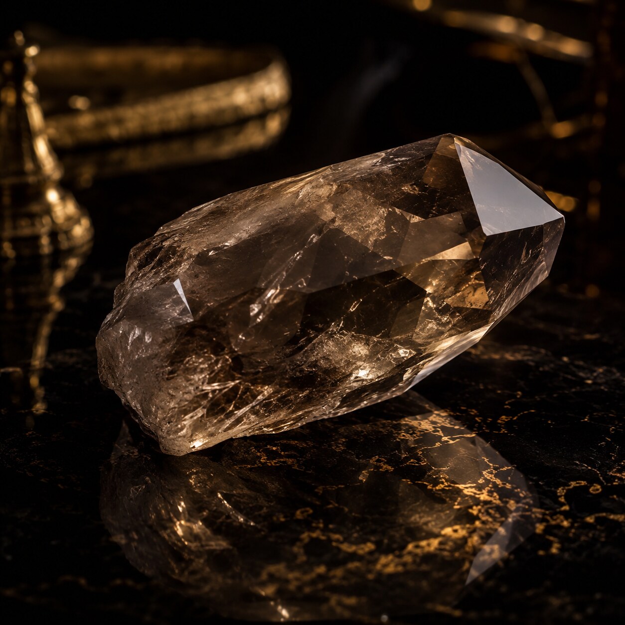 Cristal fumé sur surface noire brillante